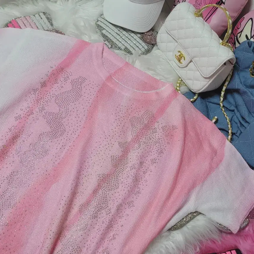 [BUNJANG] Pink Stone Embellished Knit T-shirt / 핑크 스톤 장식 니트 티셔츠
