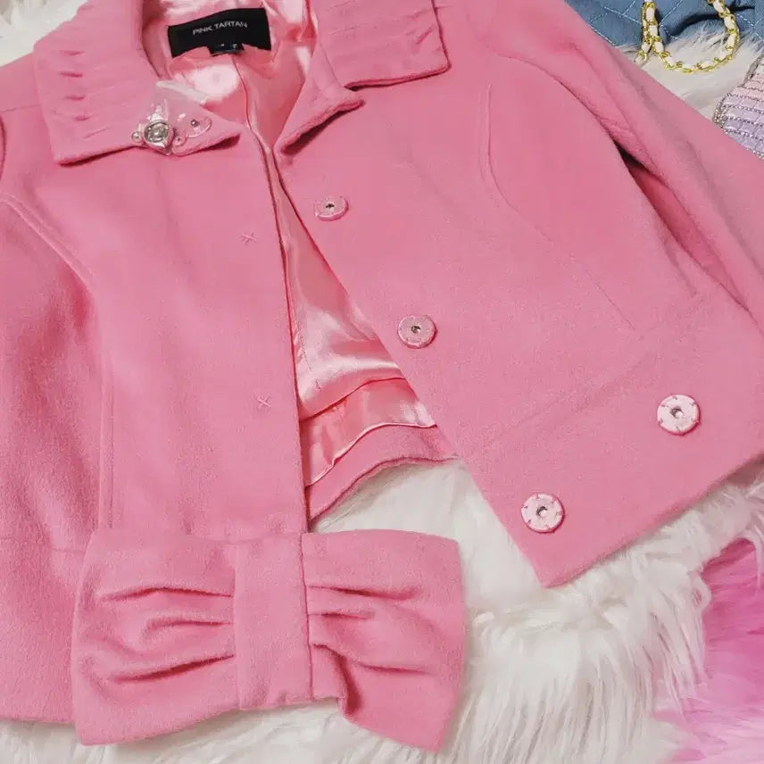 [BUNJANG] Pink Tartan Ribbon Wool Coat / 핑크타탄 핑크 리본 울 코트 수입