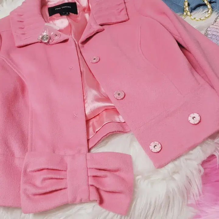 [BUNJANG] Pink Tartan Ribbon Wool Coat / 핑크타탄 핑크 리본 울 코트 수입