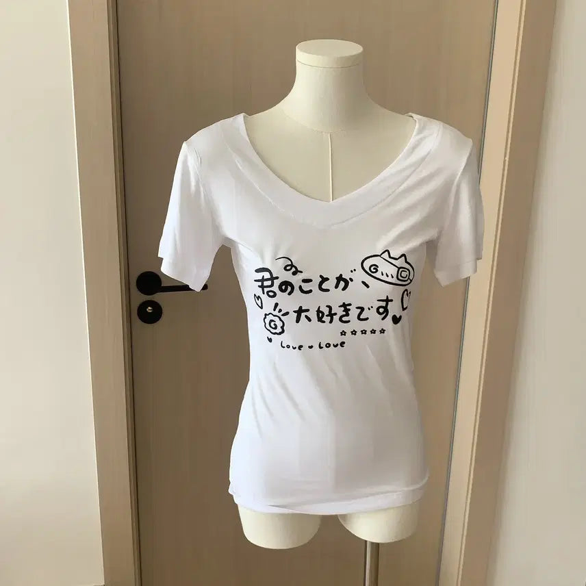 [BUNJANG] Gothic Lolita V-Neck Short Sleeve T-shirt / 고스로리 일녀 브이넥 반팔 티셔츠