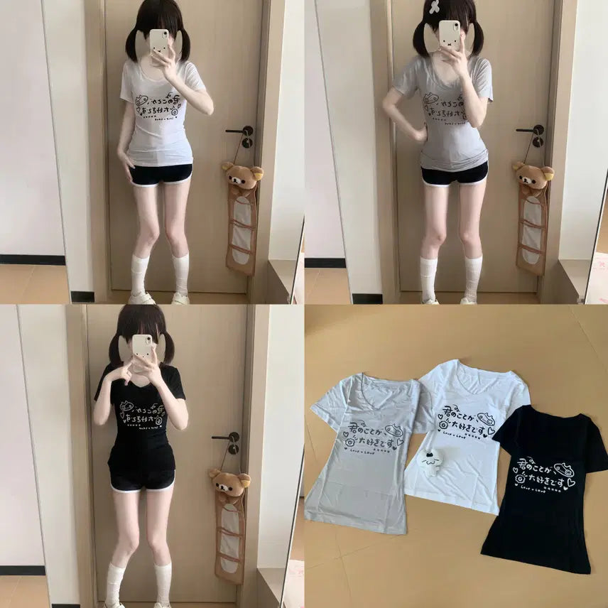 [BUNJANG] Gothic Lolita V-Neck Short Sleeve T-shirt / 고스로리 일녀 브이넥 반팔 티셔츠
