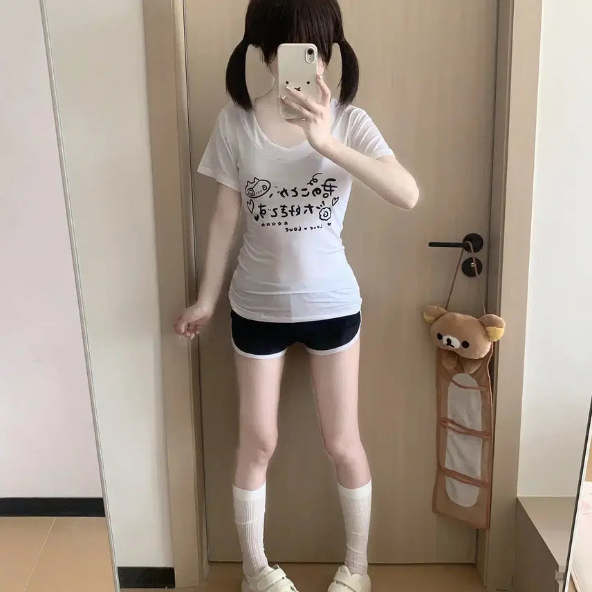 [BUNJANG] Gothic Lolita V-Neck Short Sleeve T-shirt / 고스로리 일녀 브이넥 반팔 티셔츠