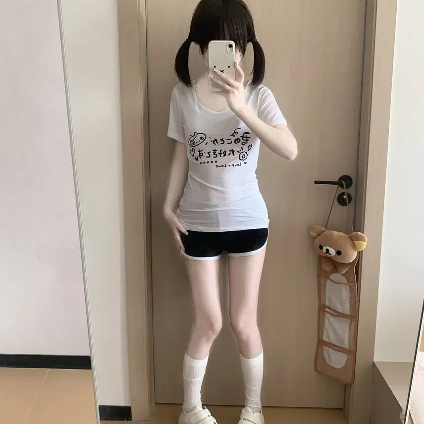 [BUNJANG] Gothic Lolita V-Neck Short Sleeve T-shirt / 고스로리 일녀 브이넥 반팔 티셔츠