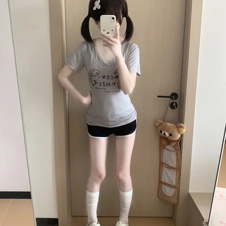 [BUNJANG] Gothic Lolita V-Neck Short Sleeve T-shirt / 고스로리 일녀 브이넥 반팔 티셔츠