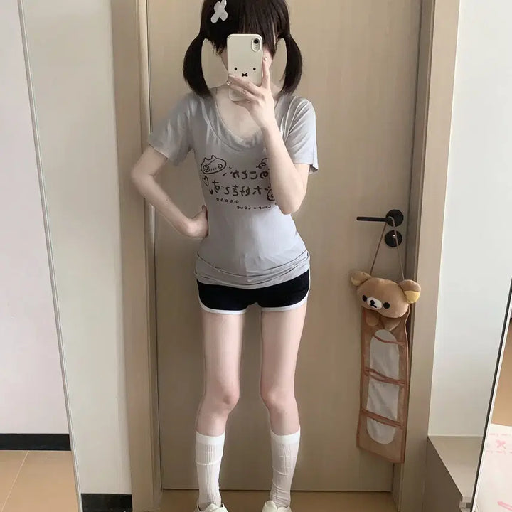 [BUNJANG] Gothic Lolita V-Neck Short Sleeve T-shirt / 고스로리 일녀 브이넥 반팔 티셔츠
