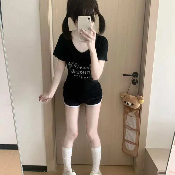 [BUNJANG] Gothic Lolita V-Neck Short Sleeve T-shirt / 고스로리 일녀 브이넥 반팔 티셔츠