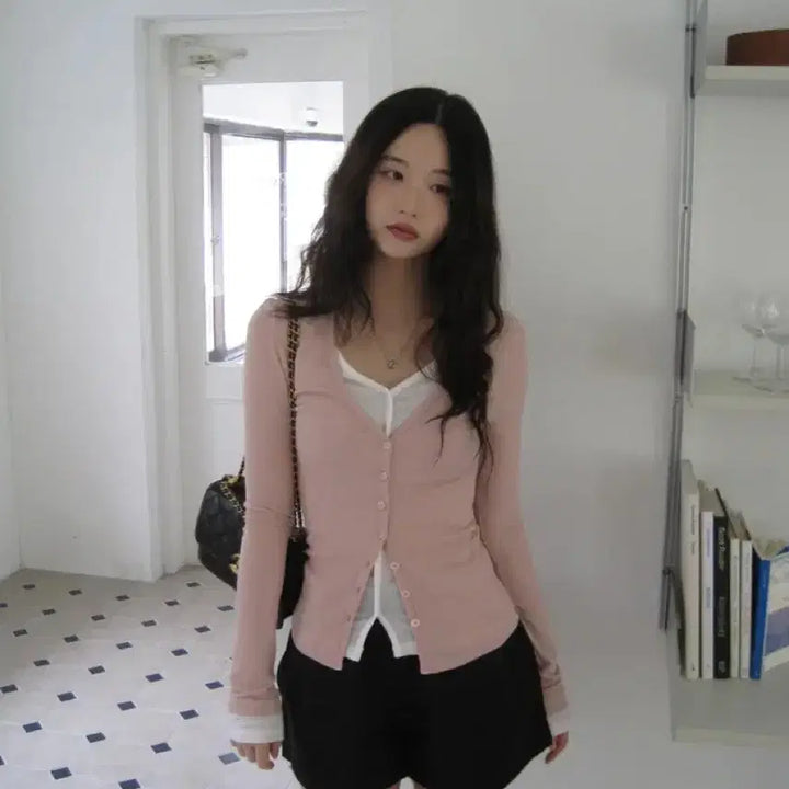 [BUNJANG] 핑크 골지 브이넥 슬림핏 레이어드 가디건 / 핑크 골지 브이넥 슬림핏 레이어드 가디건