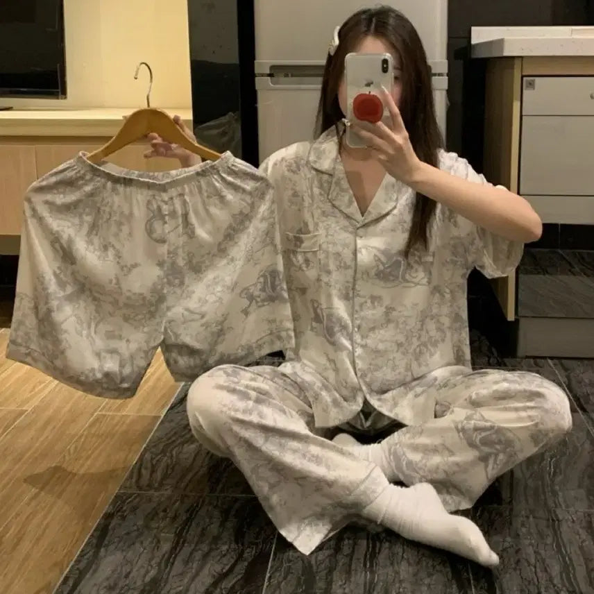 [BUNJANG] Silk Twill Pajama Set (Shorts, Long Pants) / 실크 트왈 3종 파자마 세트 (반바지 긴바지)