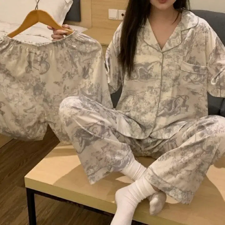 [BUNJANG] Silk Twill Pajama Set (Shorts, Long Pants) / 실크 트왈 3종 파자마 세트 (반바지 긴바지)
