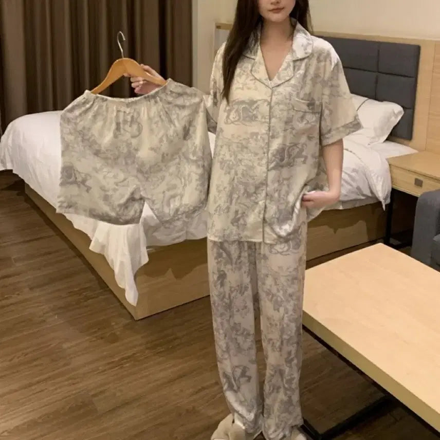 [BUNJANG] Silk Twill Pajama Set (Shorts, Long Pants) / 실크 트왈 3종 파자마 세트 (반바지 긴바지)
