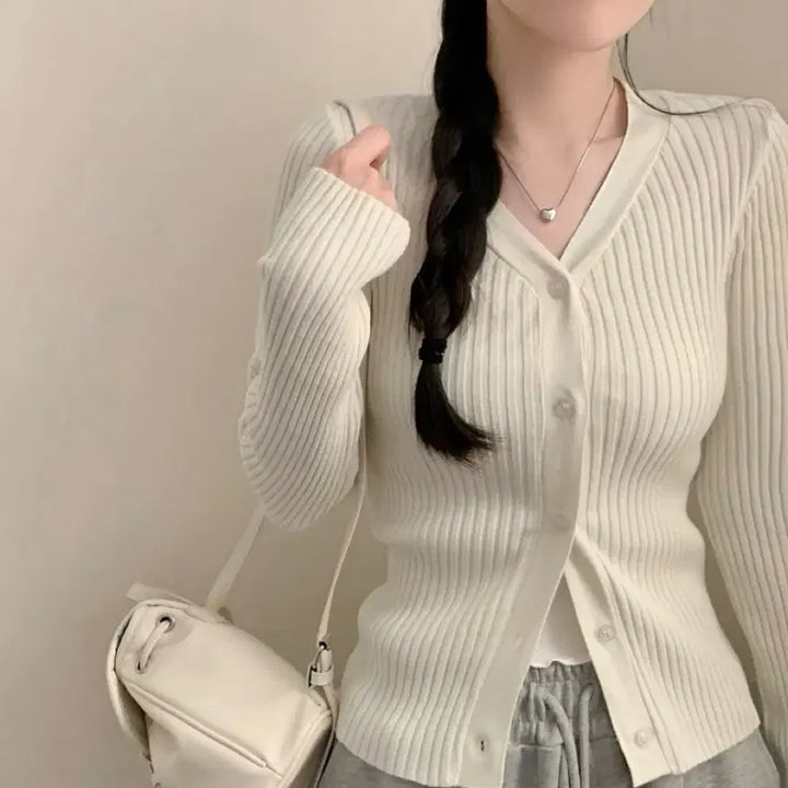 [BUNJANG] Ivory Ribbed Knit Cardigan / 아이보리 골지 니트 가디건
