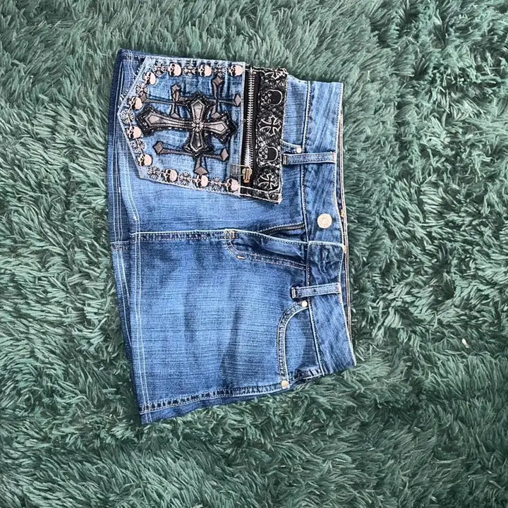 [BUNJANG] Q Vintage Punk Cross Denim Hot Pants / 펑크 십자가 데님 핫팬츠 큐빈티지 파우닝 빈티지 스커트 gap