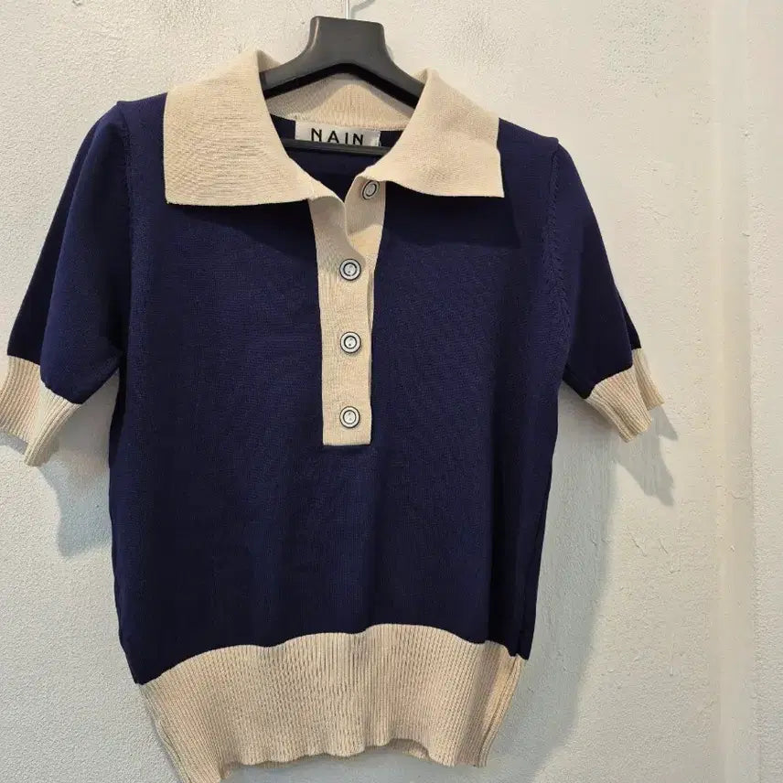 [BUNJANG] NAIN Navy Ivory Trim Knit Top / NAIN 네이비 카라 반팔 니트