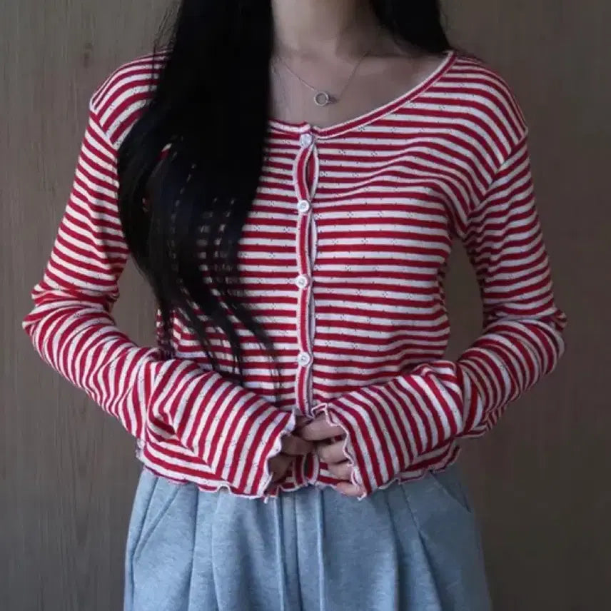 [BUNJANG] Striped Frill Summer Cardigan / 단가라 스트라이프 프릴 여름 가디건
