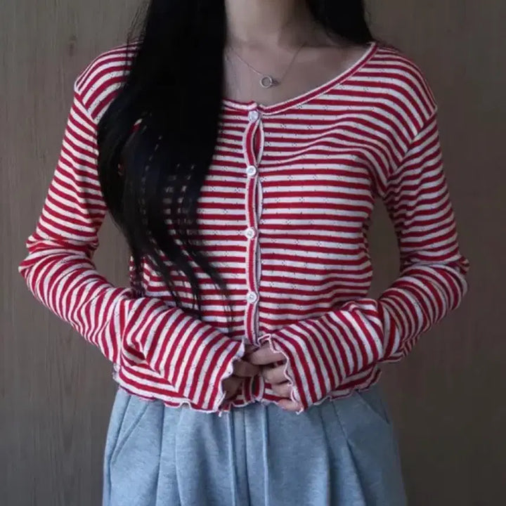 [BUNJANG] Striped Frill Summer Cardigan / 단가라 스트라이프 프릴 여름 가디건