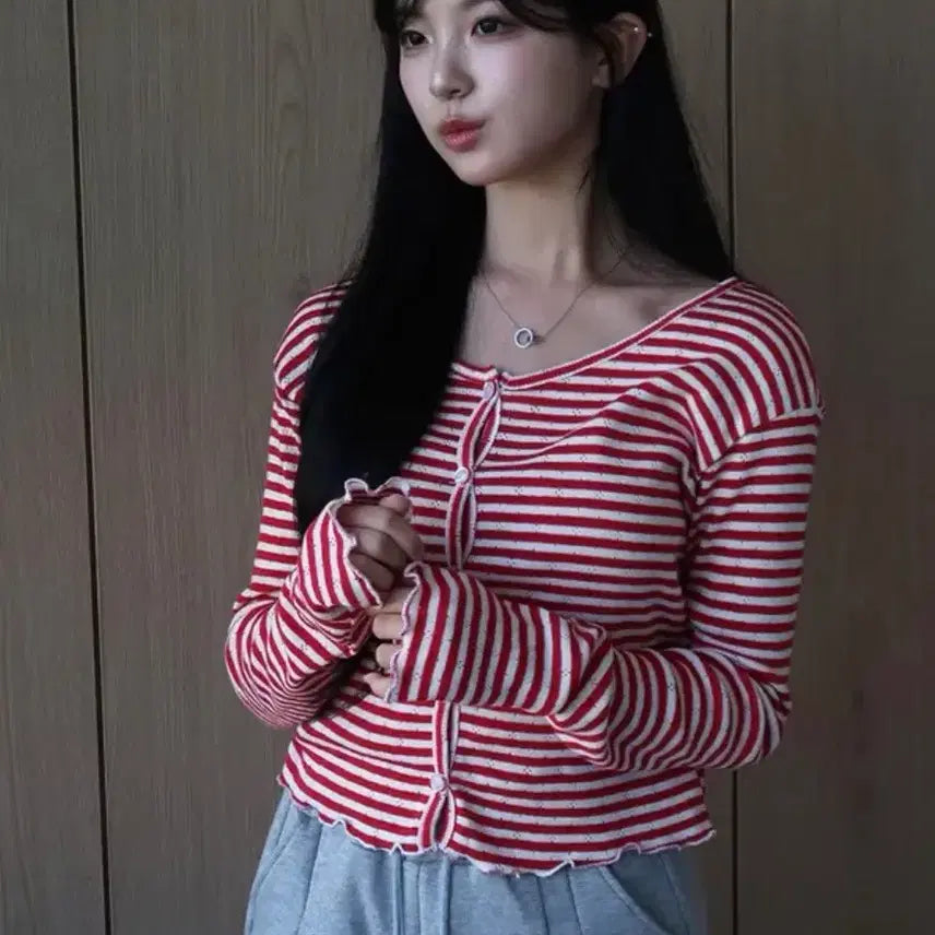 [BUNJANG] Striped Frill Summer Cardigan / 단가라 스트라이프 프릴 여름 가디건