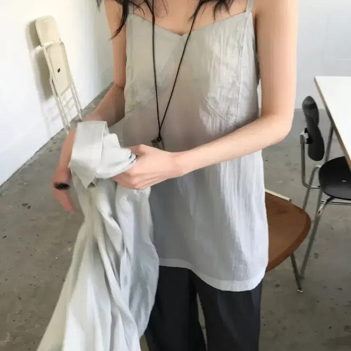 [BUNJANG] Urban This Layered Sleeveless Top Gray / 어반더스 시스루 레이어드 나시 그레이