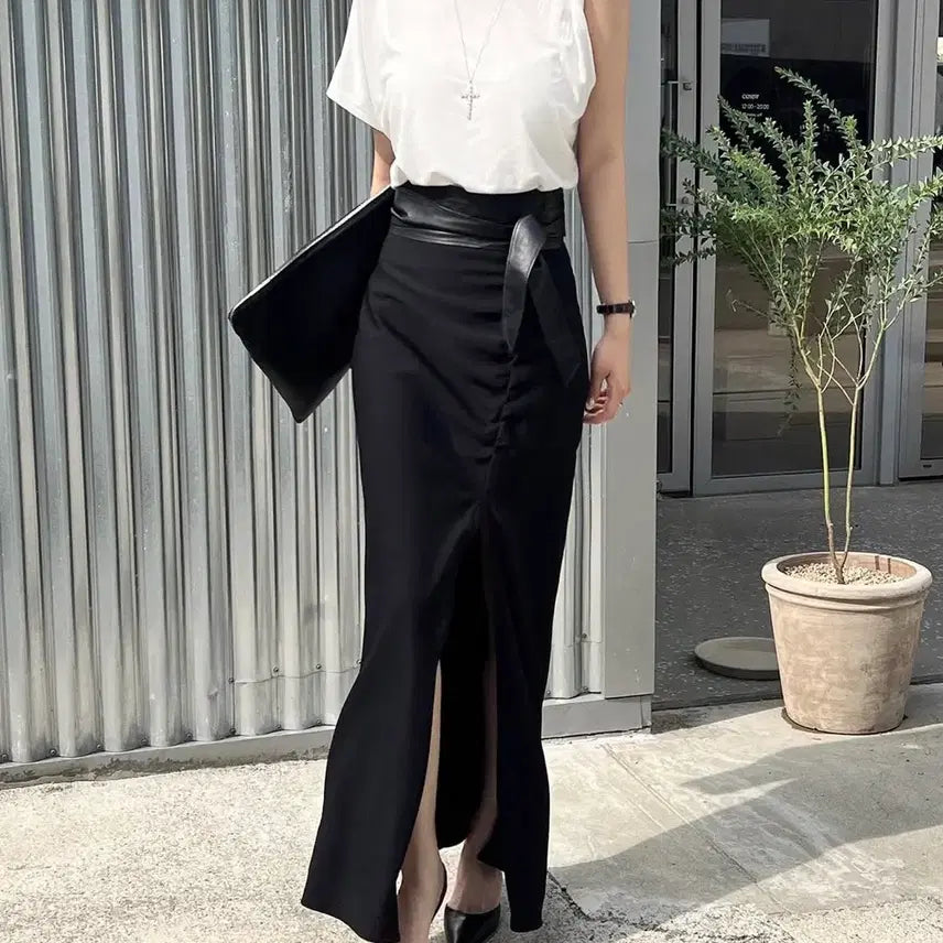 [BUNJANG] Luh A17H Black Shirring Long Skirt Set / 루흐 a17h 블랙 셔링 롱 스커트 S + 가죽벨트 세트