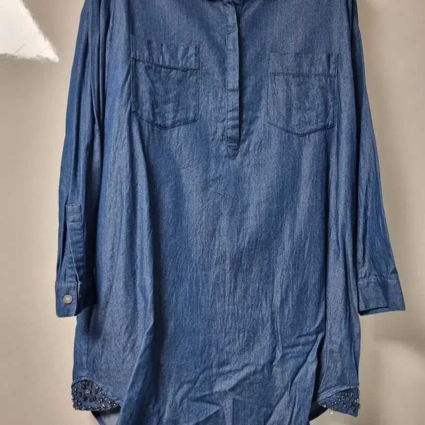 [BUNJANG] Denim Long Shirt Tunic with Beaded Embellishments / 데님 롱 셔츠 튜닉 카라 비즈 장식77이상