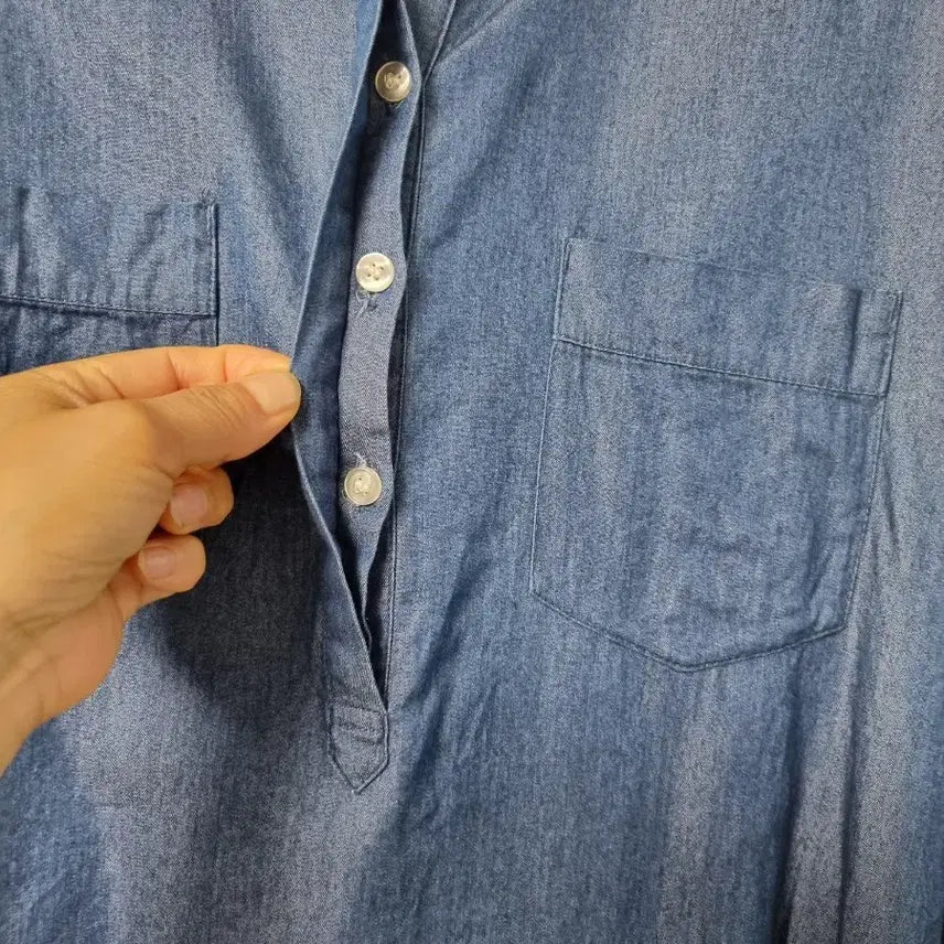 [BUNJANG] Denim Long Shirt Tunic with Beaded Embellishments / 데님 롱 셔츠 튜닉 카라 비즈 장식77이상