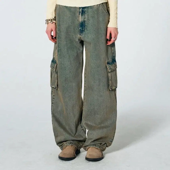 [BUNJANG] Sculptor Washed Denim Cargo Wide Pants XS / 스컬프터 워싱 데님 카고 와이드 팬츠 xs