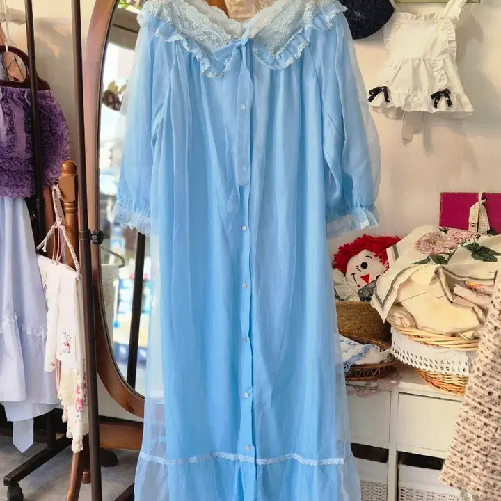 [BUNJANG] Vintage Sky Blue Lace Long Slip Dress / 빈티지 하늘색 레이스 롱 슬립 잠옷