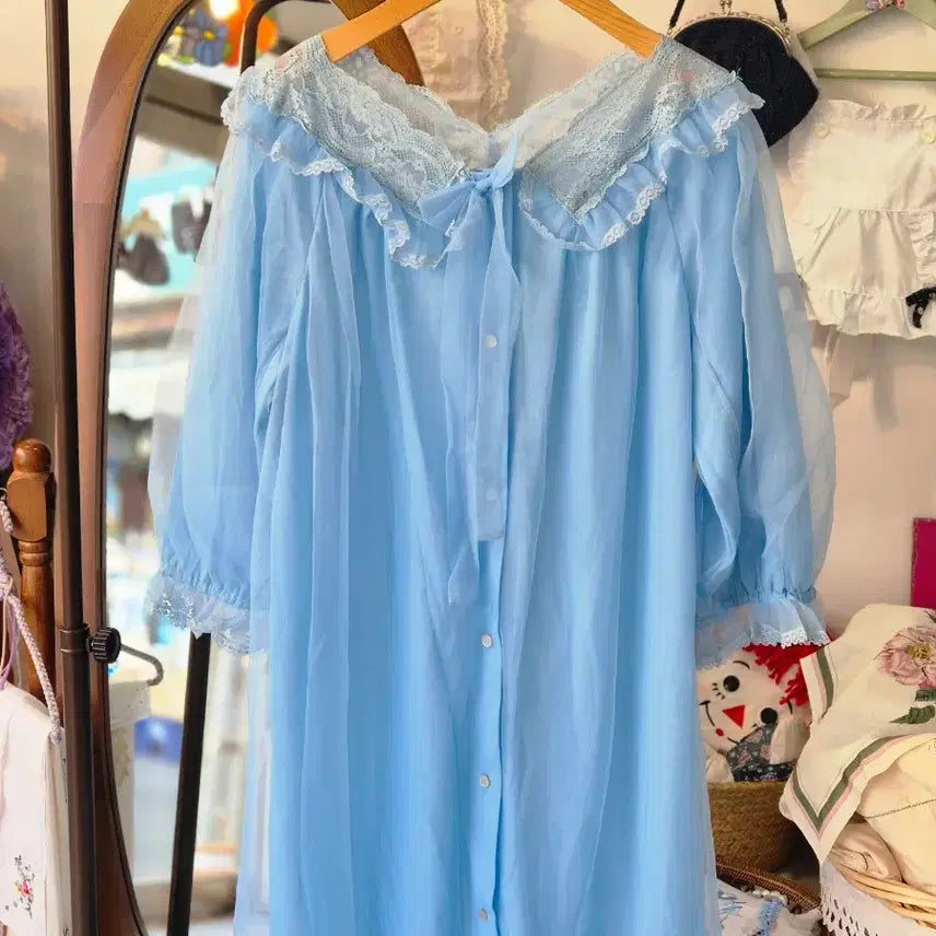 [BUNJANG] Vintage Sky Blue Lace Long Slip Dress / 빈티지 하늘색 레이스 롱 슬립 잠옷