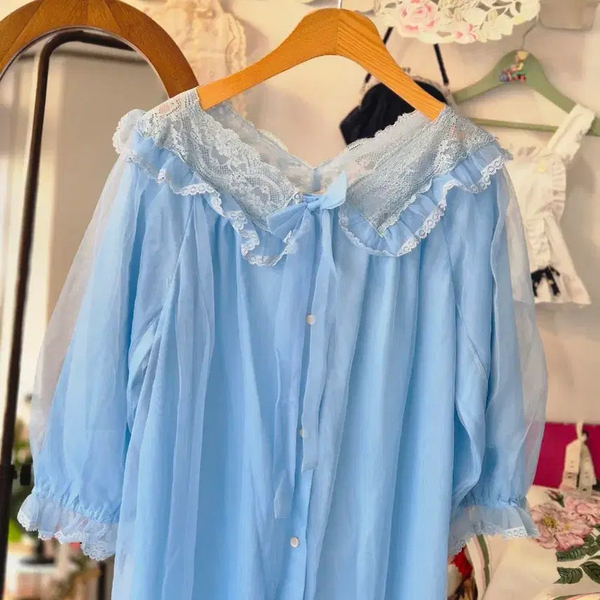 [BUNJANG] Vintage Sky Blue Lace Long Slip Dress / 빈티지 하늘색 레이스 롱 슬립 잠옷