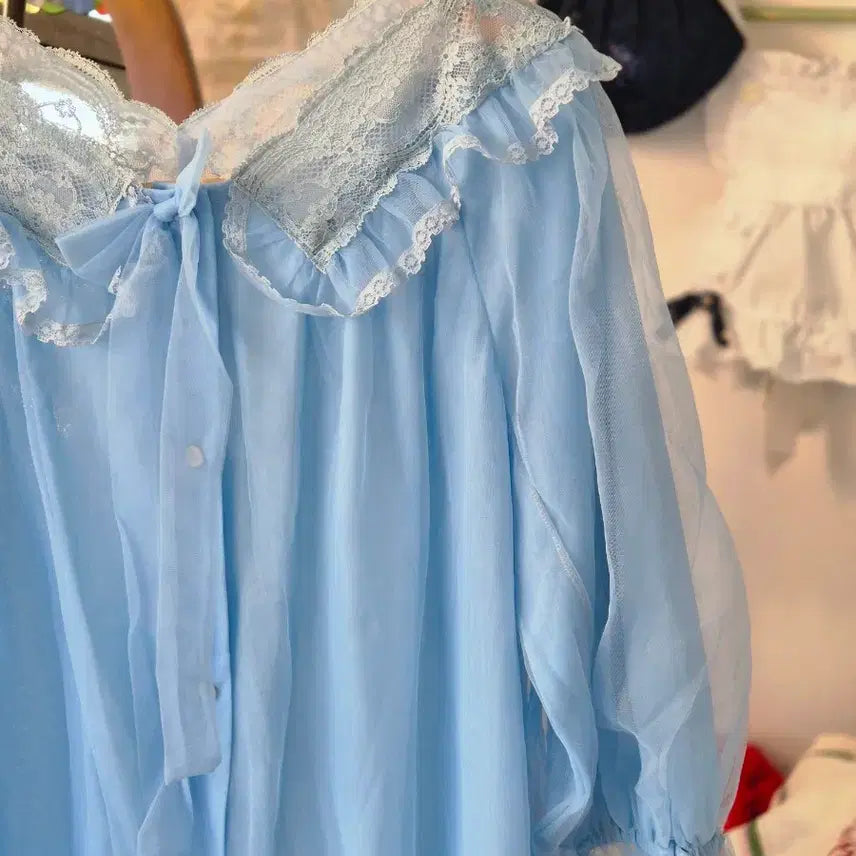 [BUNJANG] Vintage Sky Blue Lace Long Slip Dress / 빈티지 하늘색 레이스 롱 슬립 잠옷