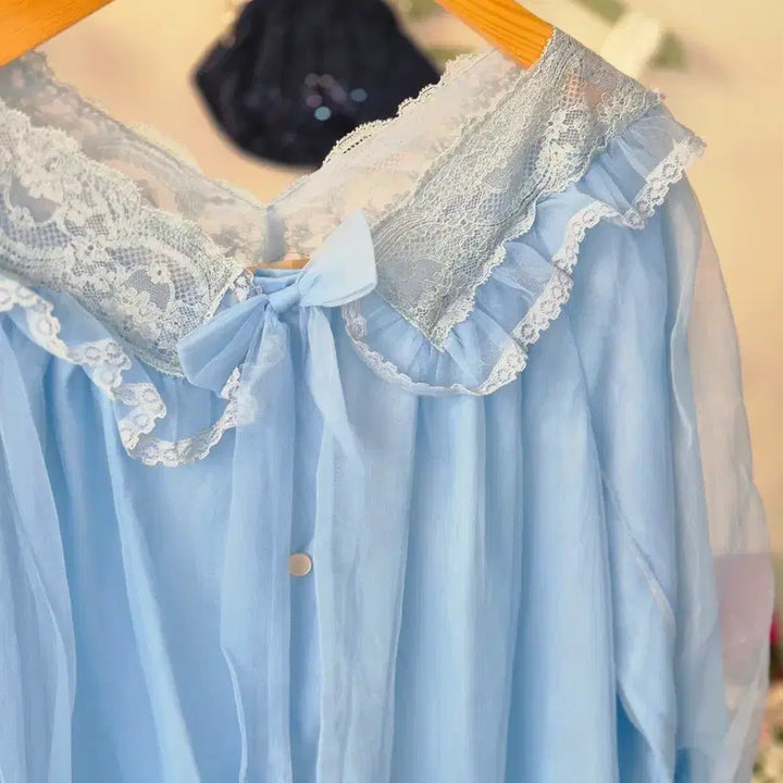[BUNJANG] Vintage Sky Blue Lace Long Slip Dress / 빈티지 하늘색 레이스 롱 슬립 잠옷
