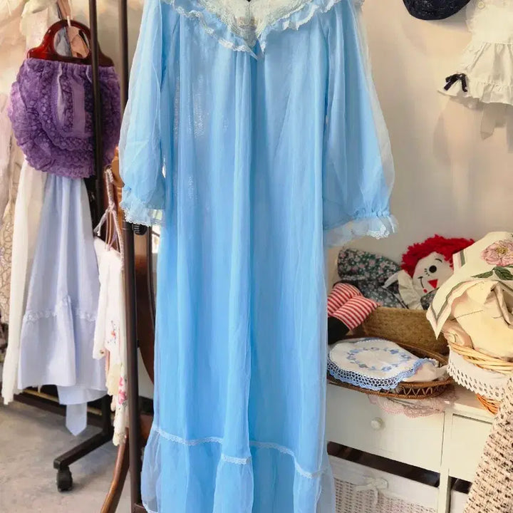 [BUNJANG] Vintage Sky Blue Lace Long Slip Dress / 빈티지 하늘색 레이스 롱 슬립 잠옷
