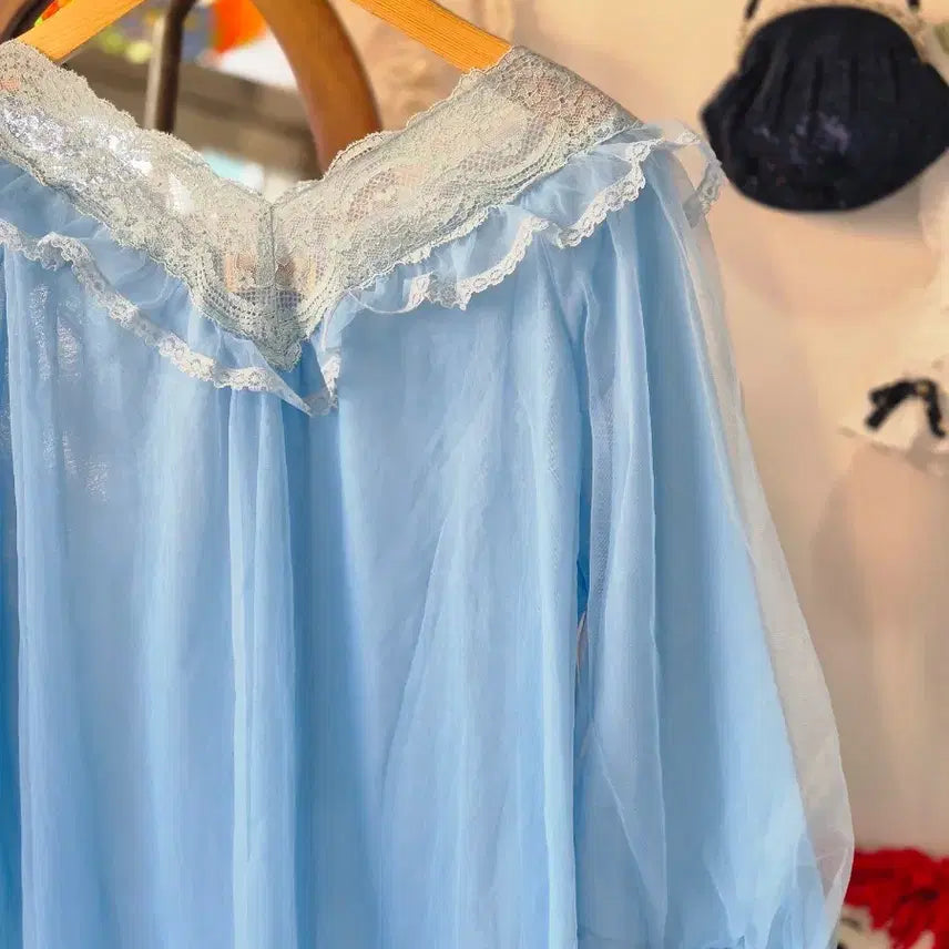 [BUNJANG] Vintage Sky Blue Lace Long Slip Dress / 빈티지 하늘색 레이스 롱 슬립 잠옷