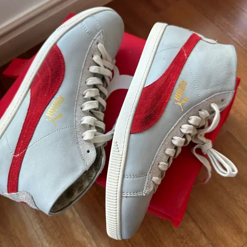 [BUNJANG] Puma Suede Mid Vintage Sneakers Grey/Red Leather / 푸마 스웨이드 미드 운동화 회색/빨강 가죽 빈티지 스피드캣