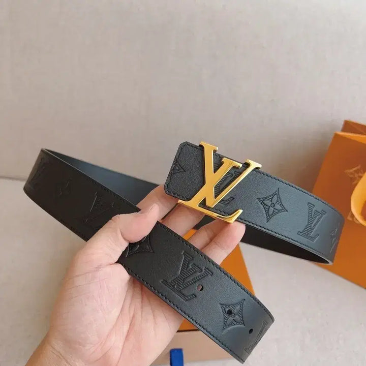 [BUNJANG] Louis Vuitton Embossed Black Belt with Gold Buckle / 루이비통 블랙 엠보싱 벨트 금장 버클