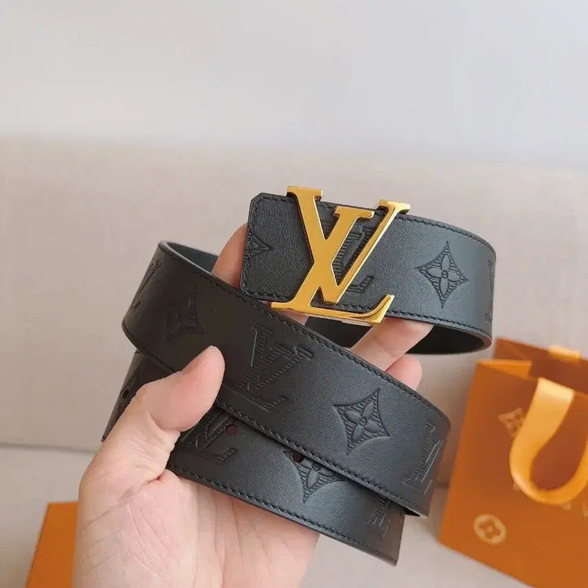 [BUNJANG] Louis Vuitton Embossed Black Belt with Gold Buckle / 루이비통 블랙 엠보싱 벨트 금장 버클