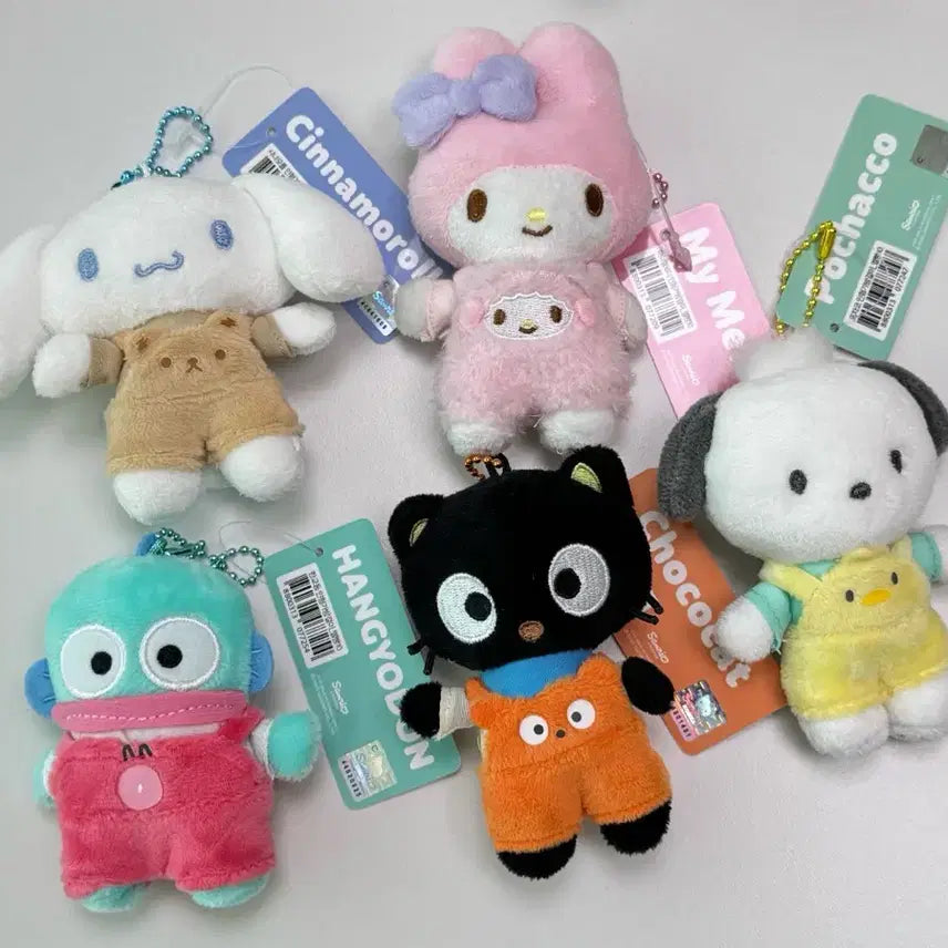 [BUNJANG] Sanrio Overalls Plush Keyring 10cm / 산리오 멜빵 인형 키링 10cm 5종 새상품 정품