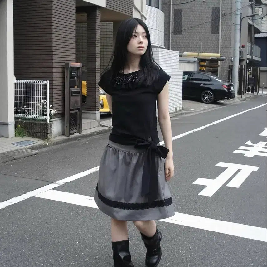 [BUNJANG] chemehc FRILL TIE TEE Dot Top / chemehc FRILL TIE TEE 체메씨 프릴 타이 티 도트
