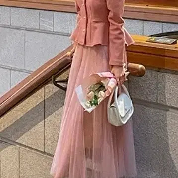 [BUNJANG] Pink Set Up Jacket &amp; Chiffon Skirt / 핑크 셋업 자켓 + 샤 스커트