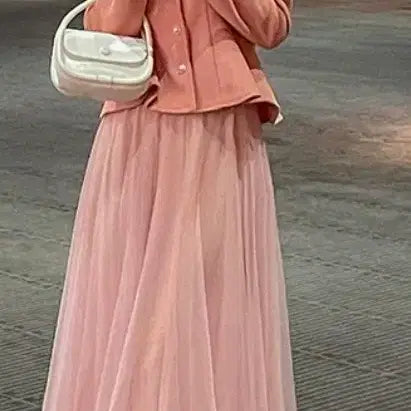 [BUNJANG] Pink Set Up Jacket &amp; Chiffon Skirt / 핑크 셋업 자켓 + 샤 스커트