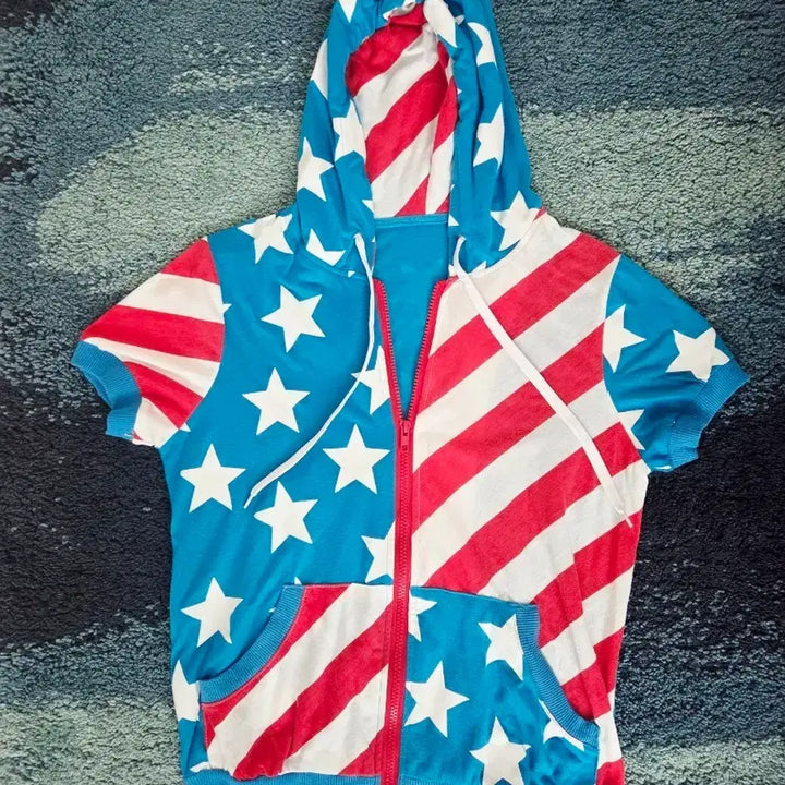 [BUNJANG] Y2k American Flag Printed Hoodie / Y2k 미국 국기 반소매 아메리카 프린팅 후드집업