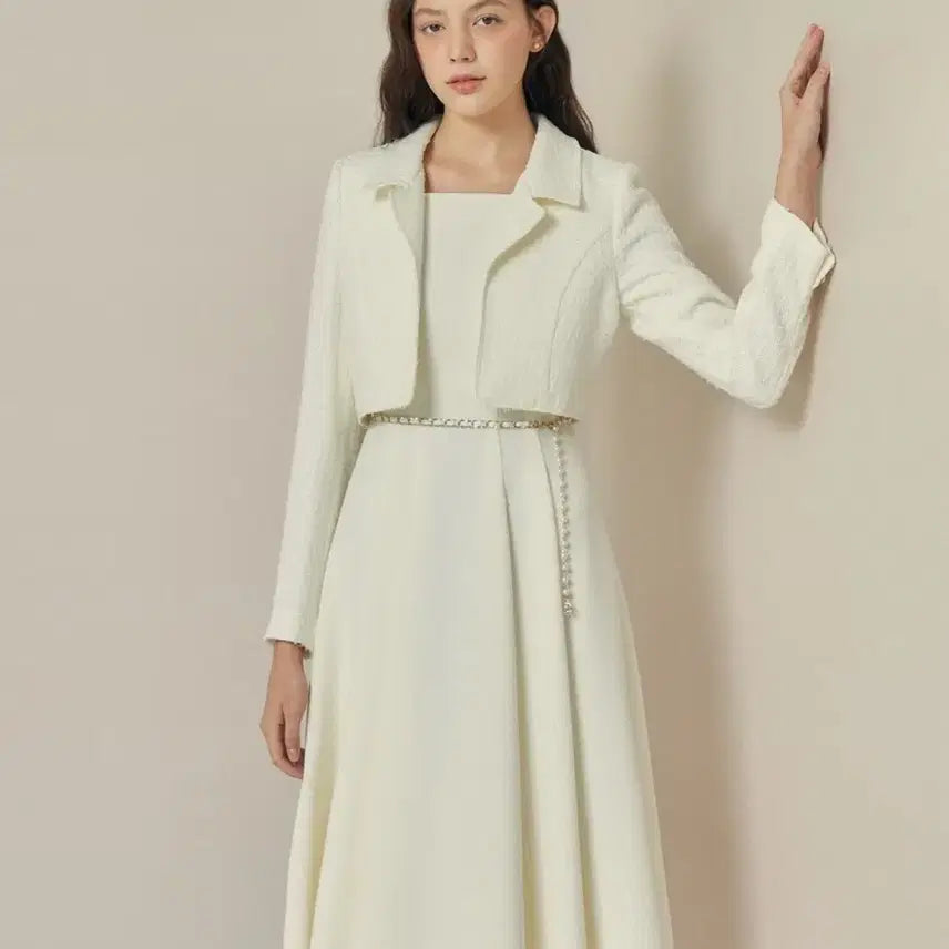 [BUNJANG] JJ JIGOTT Pearl Button Tweed Jacket &amp; Flare Dress Set / JJ지고트 펄버튼재킷플레어원피스