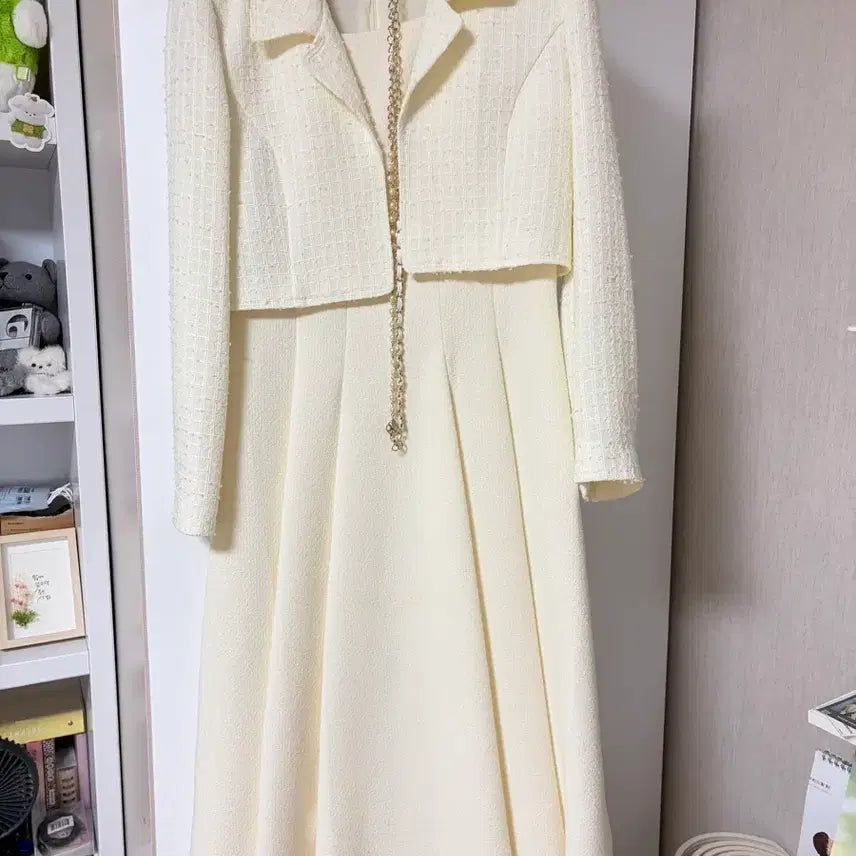 [BUNJANG] JJ JIGOTT Pearl Button Tweed Jacket &amp; Flare Dress Set / JJ지고트 펄버튼재킷플레어원피스