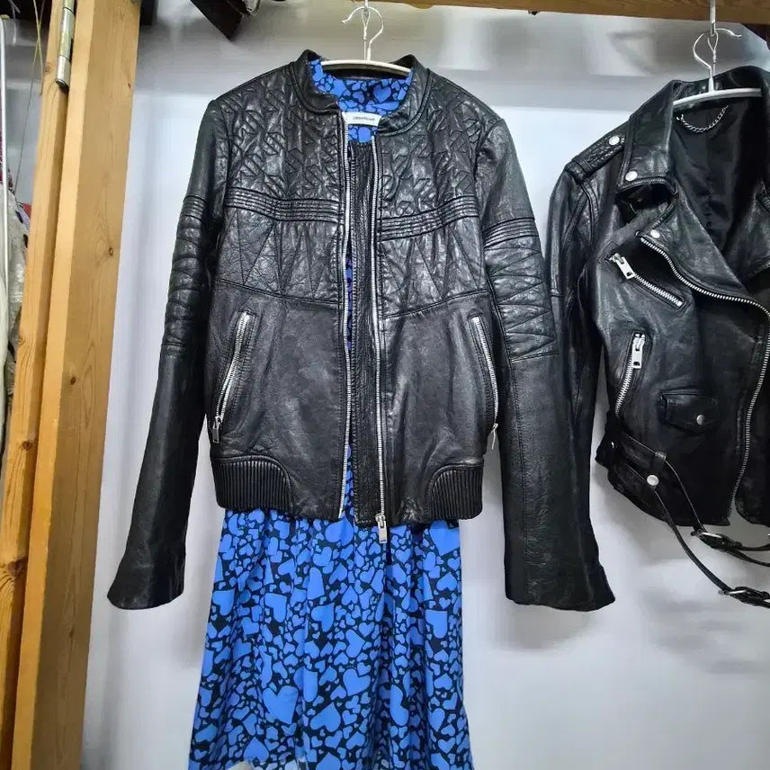 [BUNJANG] Maje Chevron Quilted Lambskin Leather Jacket / 마쥬 쉐브론 퀼팅 램스킨 블루종 레더 재킷 100% 양가죽
