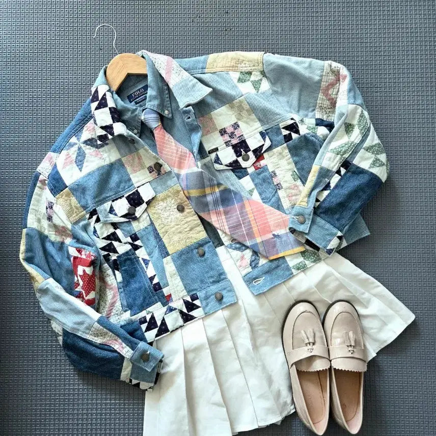 [BUNJANG] Polo Ralph Lauren Patchwork Oversized Denim Jacket / 폴로 랄프로렌 여성 아트 패치워크 오버사이즈 데님 자켓