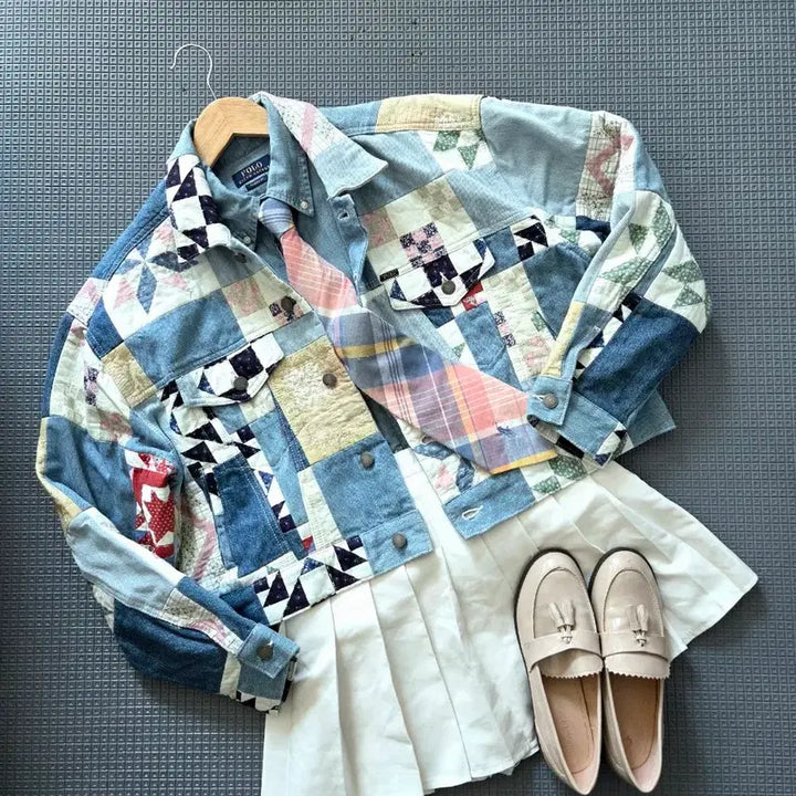 [BUNJANG] Polo Ralph Lauren Patchwork Oversized Denim Jacket / 폴로 랄프로렌 여성 아트 패치워크 오버사이즈 데님 자켓