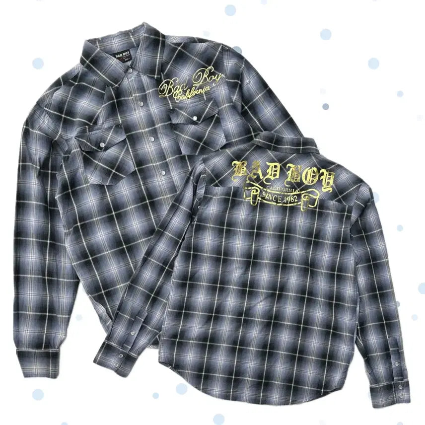[BUNJANG] BADBOY Y2K Gold Printing Checkered Western Shirt / 배드보이 체크 Y2K 골드 프린팅 시티보이 깅엄 웨스턴 남성 셔츠