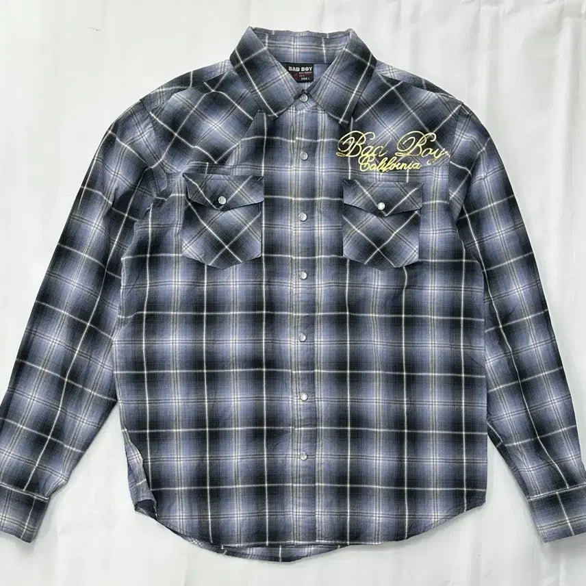 [BUNJANG] BADBOY Y2K Gold Printing Checkered Western Shirt / 배드보이 체크 Y2K 골드 프린팅 시티보이 깅엄 웨스턴 남성 셔츠
