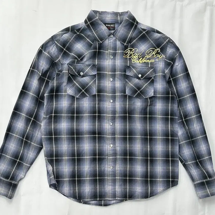 [BUNJANG] BADBOY Y2K Gold Printing Checkered Western Shirt / 배드보이 체크 Y2K 골드 프린팅 시티보이 깅엄 웨스턴 남성 셔츠