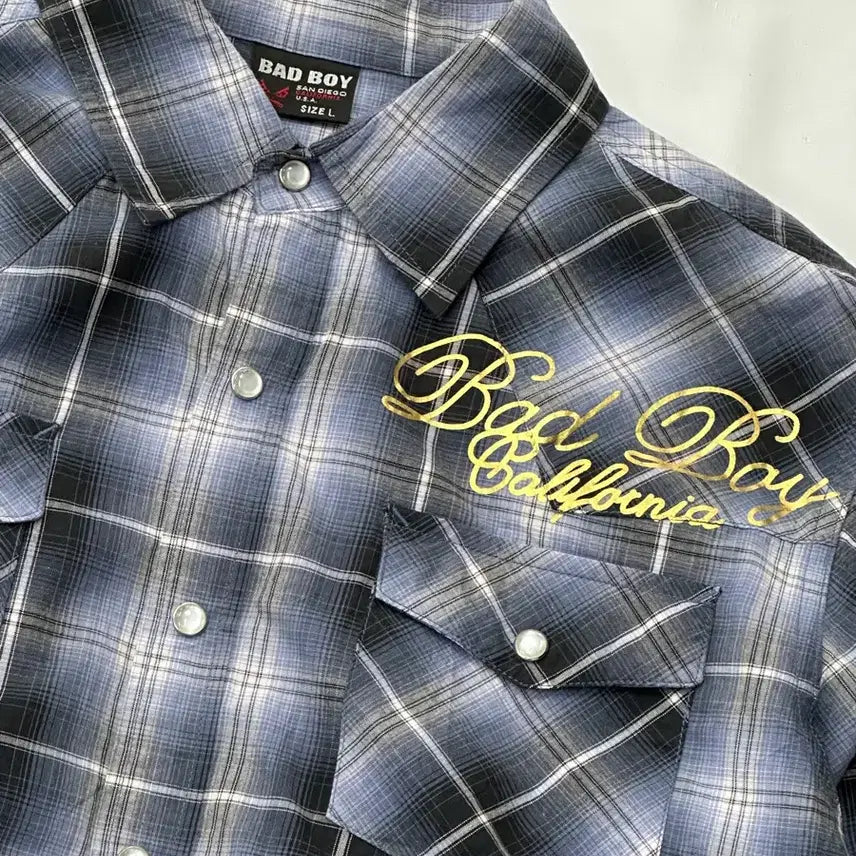 [BUNJANG] BADBOY Y2K Gold Printing Checkered Western Shirt / 배드보이 체크 Y2K 골드 프린팅 시티보이 깅엄 웨스턴 남성 셔츠