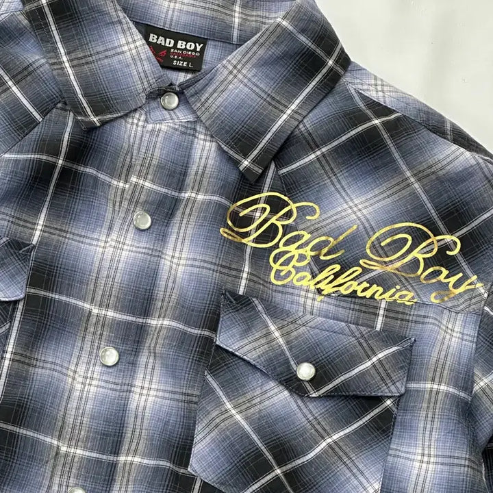 [BUNJANG] BADBOY Y2K Gold Printing Checkered Western Shirt / 배드보이 체크 Y2K 골드 프린팅 시티보이 깅엄 웨스턴 남성 셔츠